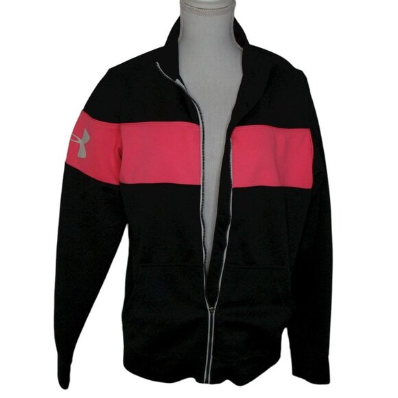 Under Armour Womens Black Pink Colorblock Semi Fitted Full Zip Jacket Sz Medium - Picture 2 of 12